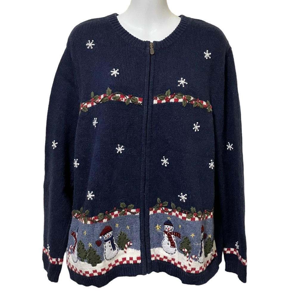 Croft & Barrow Embroidered Snowmen Knit Zip Wool Blend Sweater